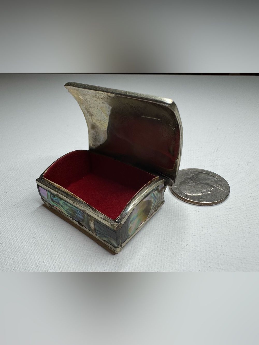 Vintage Abalone Inlay Trinket Box with Red Velvet Interior
